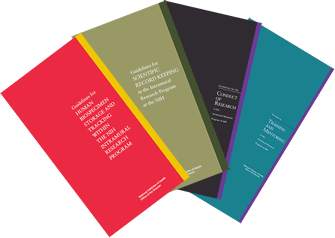Image of four guideline booklets for Human Biospecimen Storage and Tracking Within the NIH Intramural Research Program, Scientific Recordkeeping, Conduct of Research and Training and Mentoring